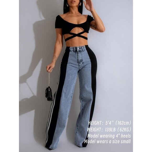 Womens Stretch High Waist Wide Leg Patchwork Jeans Trendy Color Block - Picture 2 of 5